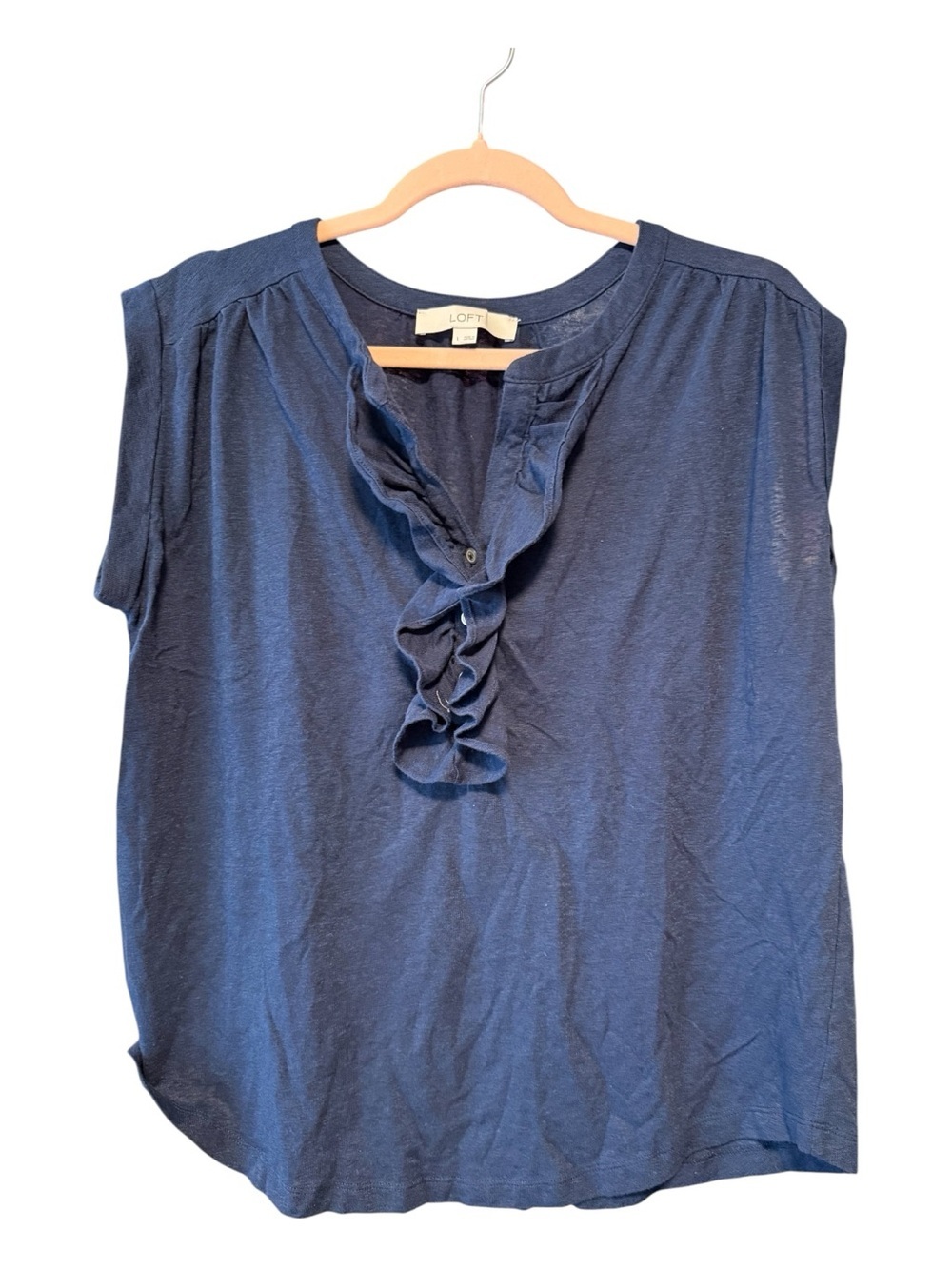 LOFT Women's Navy Ruffle Front Cap Sleeve Top EUC